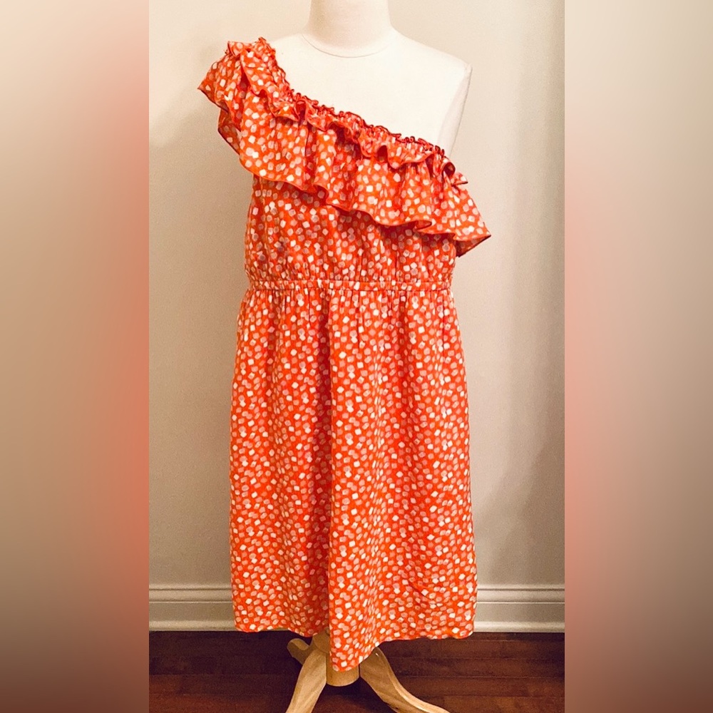 Lane Bryant Orange White Tan Confetti 18 Cottagecore Ruffled One Shoulder Dress